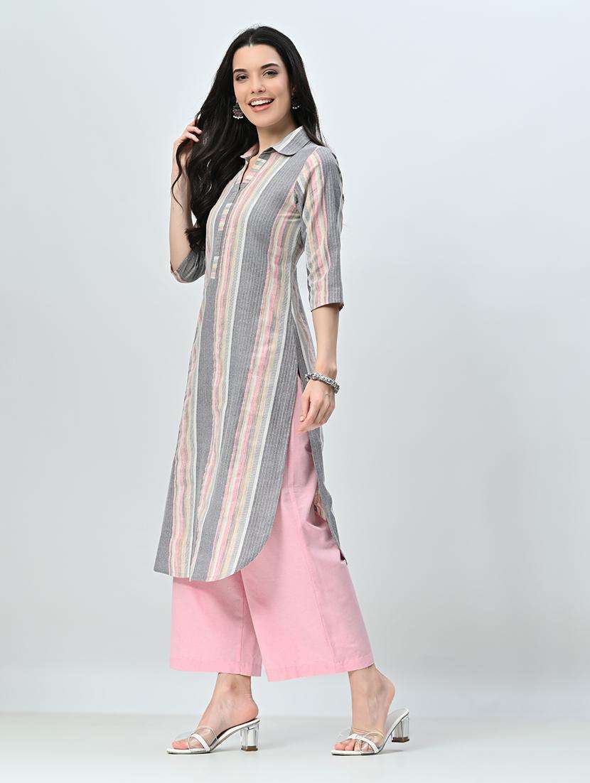 women stripes shirt collar kurta palazzo set - 21582201 -  Standard Image - 4