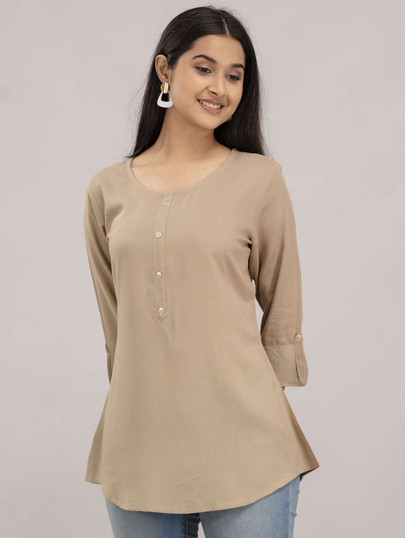 women solid three quarter sleeves a-line top - 21582233 -  Standard Image - 1