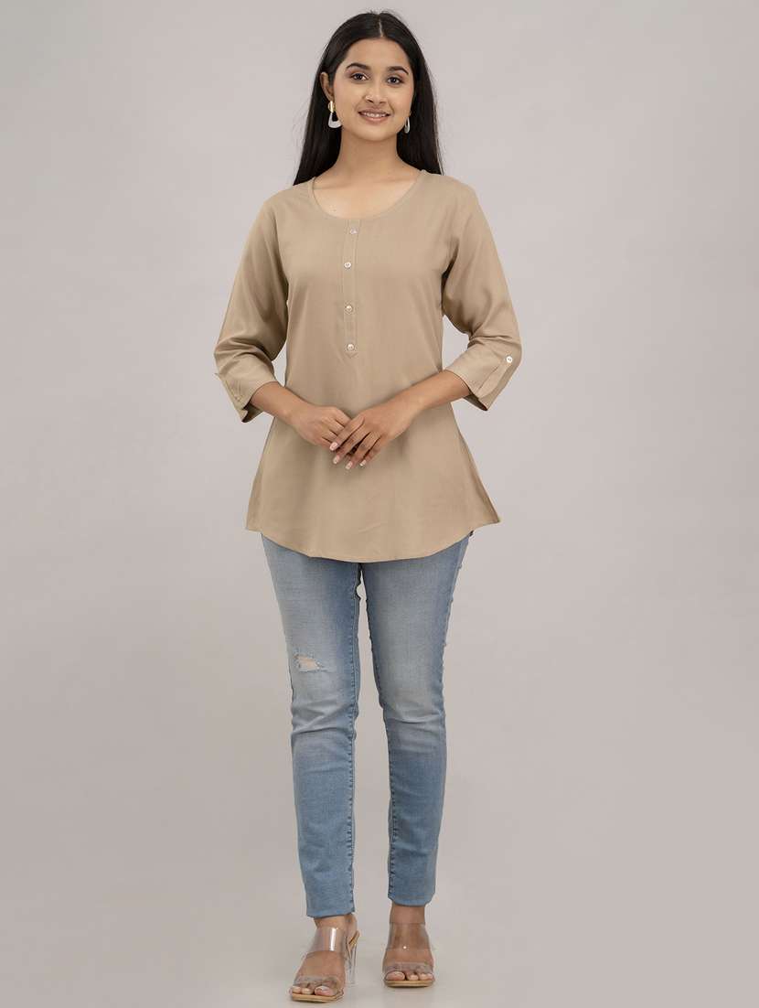 women solid three quarter sleeves a-line top - 21582233 - Standard Image - 4