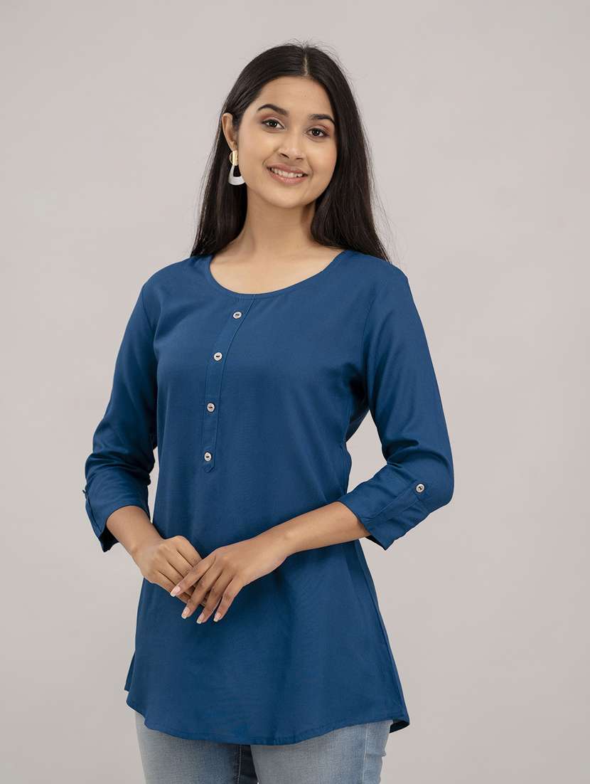 women solid three quarter sleeves a-line top - 21582236 -  Standard Image - 1