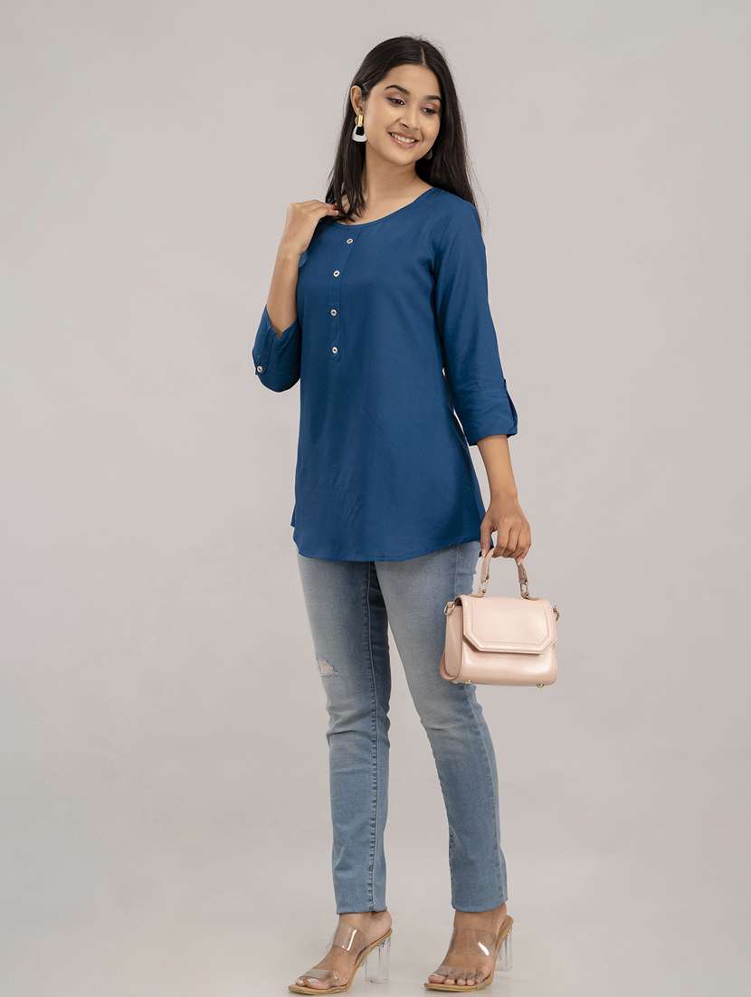 women solid three quarter sleeves a-line top - 21582236 -  Standard Image - 4