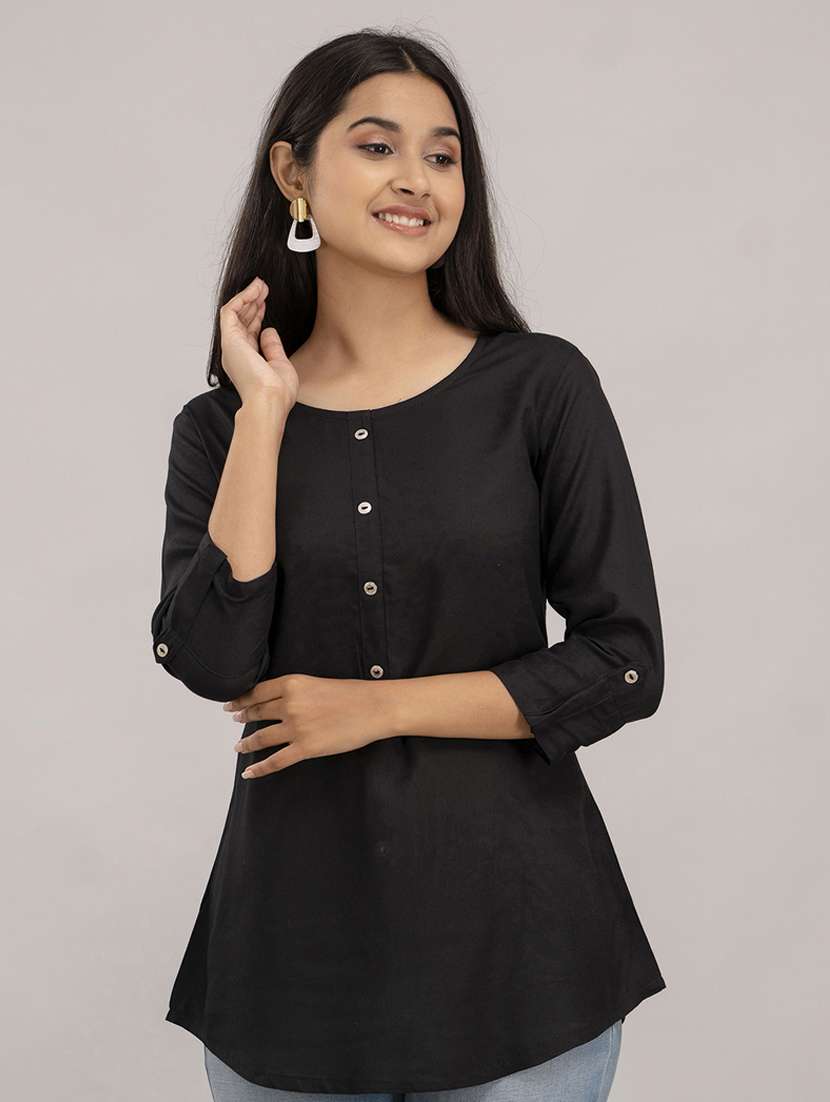 women solid three quarter sleeves a-line top