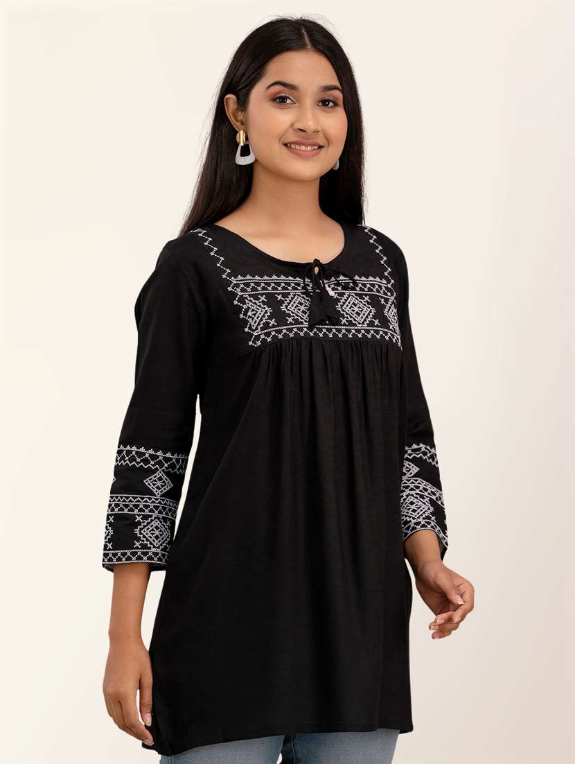 women tie-up neck embroidered regular top - 21582244 -  Standard Image - 1