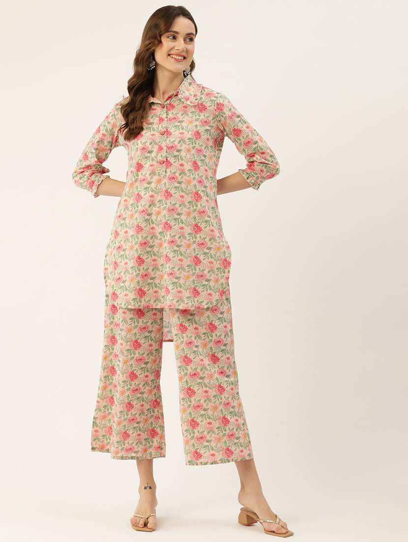 women peach floral printed top and palazzo co-ord set - 21582287 -  Standard Image - 1