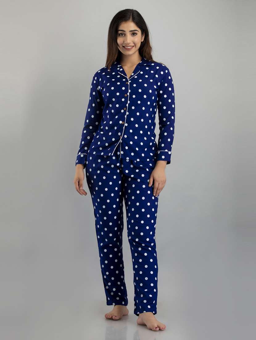 women lapel collar polka dot printed nightwear set