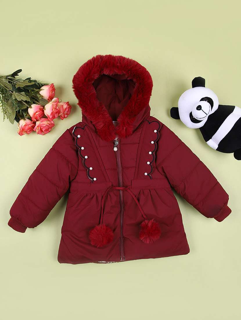 girls maroon solid long sleeve quilted jackets