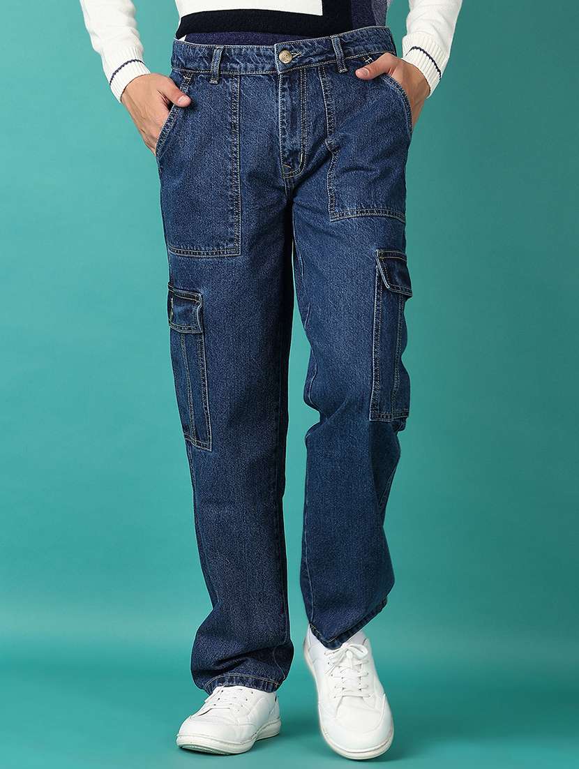 men blue solid denim cargo