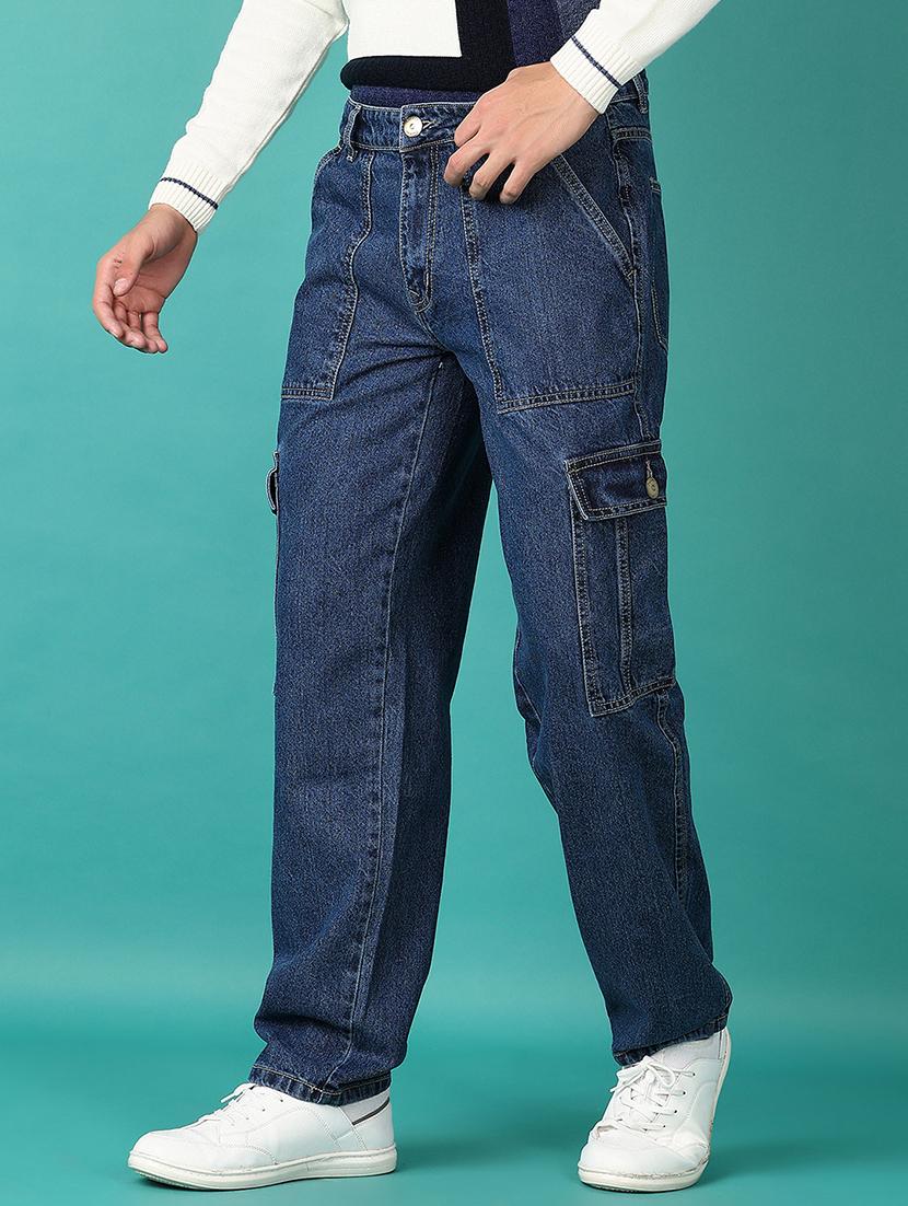 men blue solid denim cargo - 21583015 -  Standard Image - 1