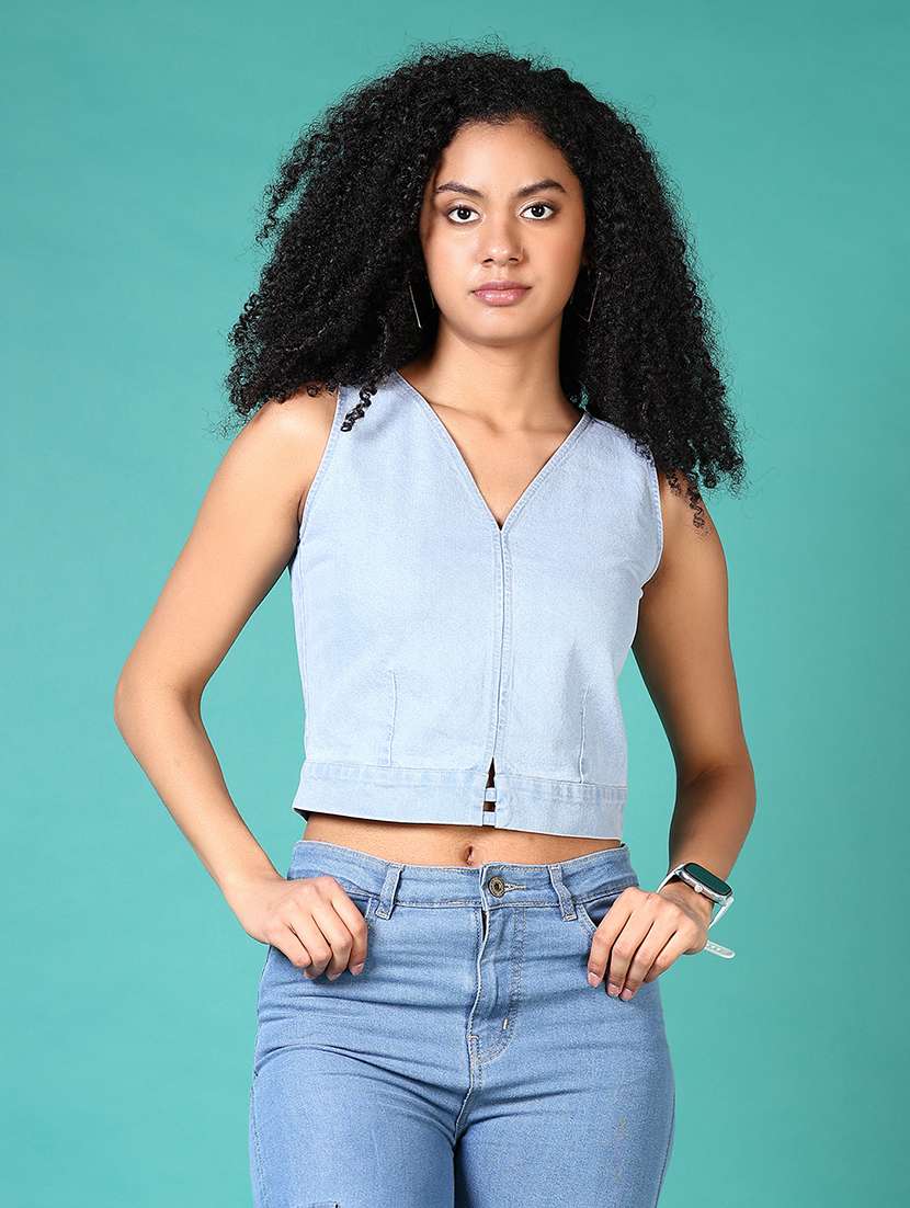 women light blue solid sleeveless crop top