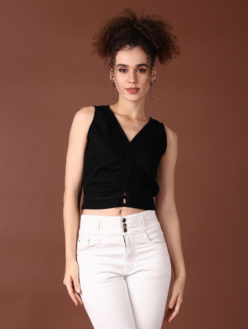women black solid v neck crop top - 21583039 -  Zoom Image - 0