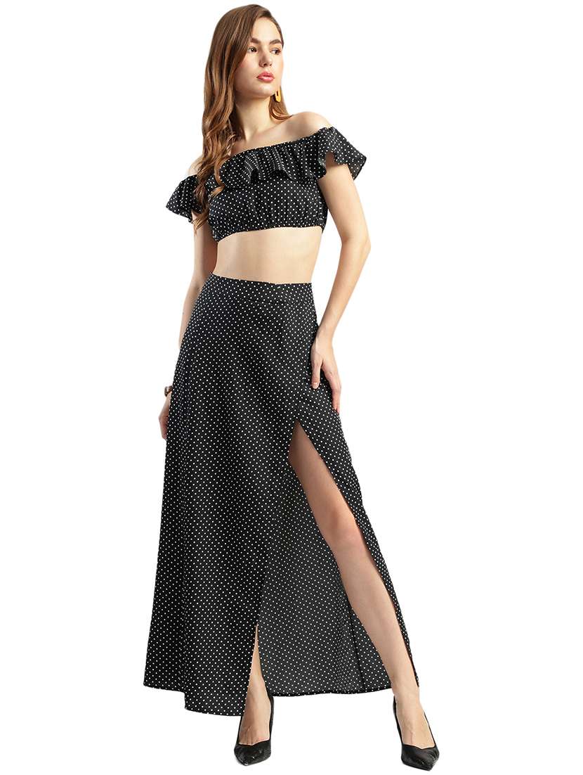 women polka doted top and skirt co-ord set