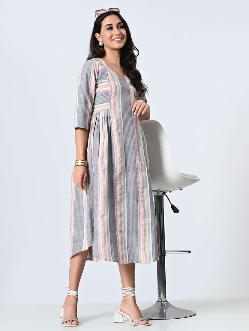 women grey three quarter sleeve a-line ethnic dress