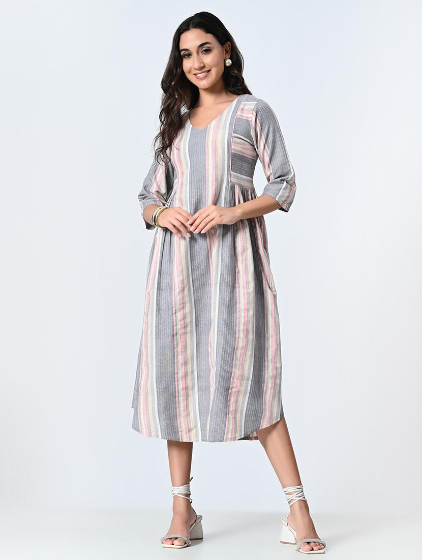 women grey three quarter sleeve a-line ethnic dress - 21583624 -  Standard Image - 1
