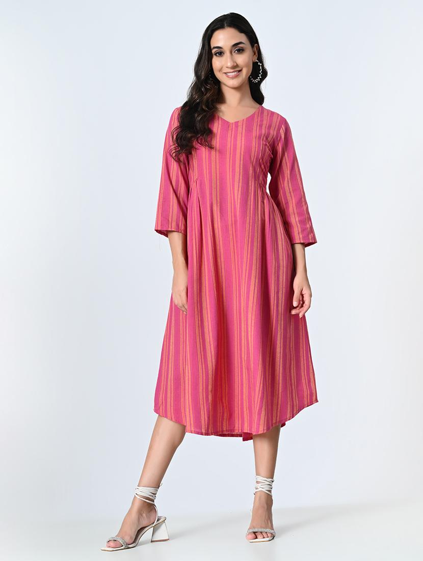 women pink three quarter sleeve a-line ethnic dress - 21583625 - Standard Image - 1