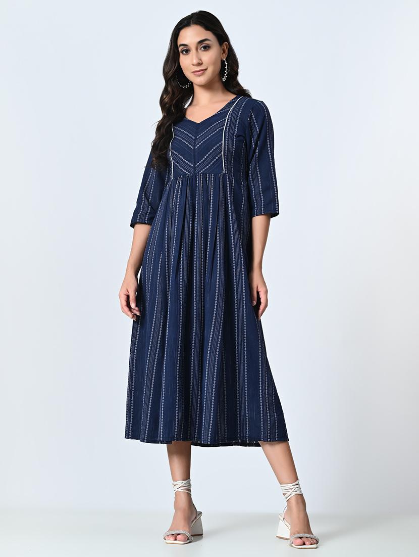 women navy blue three quarter sleeve a-line ethnic dress - 21583626 - Standard Image - 1