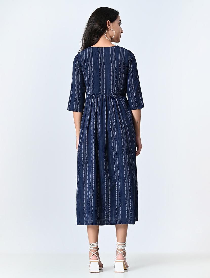 women navy blue three quarter sleeve a-line ethnic dress - 21583626 - Standard Image - 4