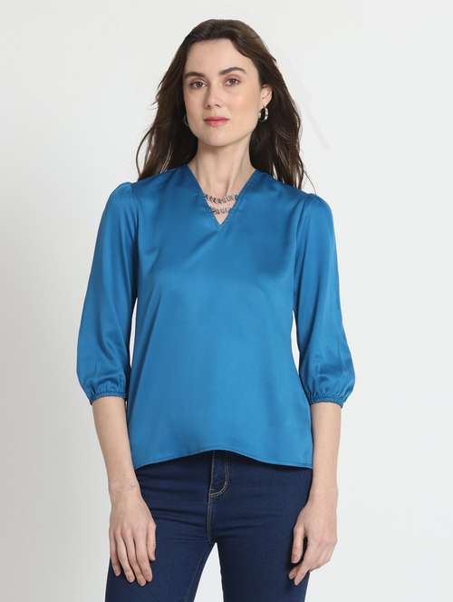 women blue solid puff sleeve top - 21584762 -  Standard Image - 0