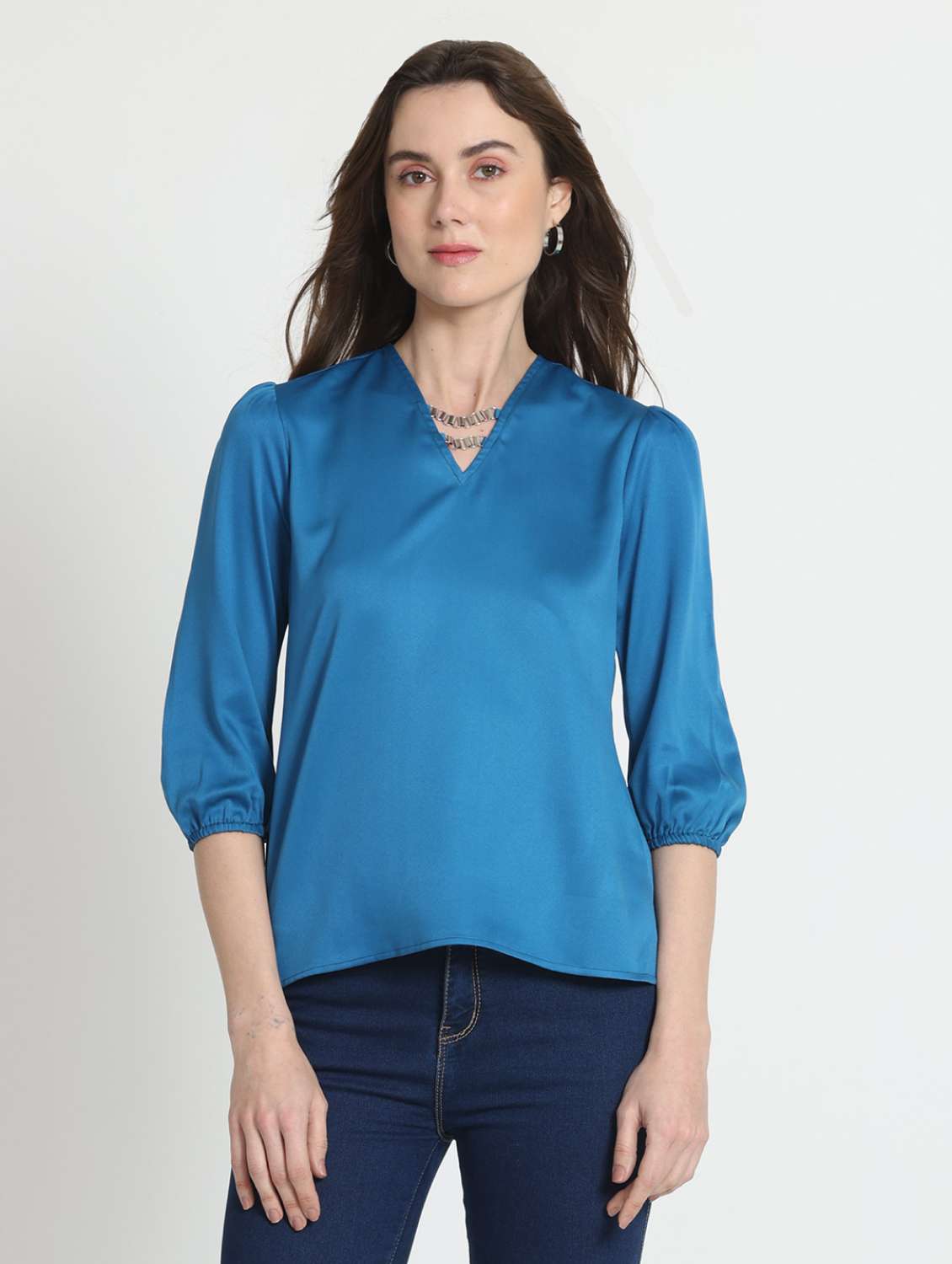 women blue solid puff sleeve top
