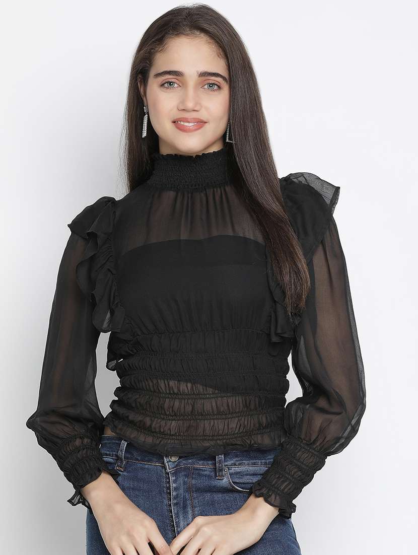 women solid high neck long sleeves top