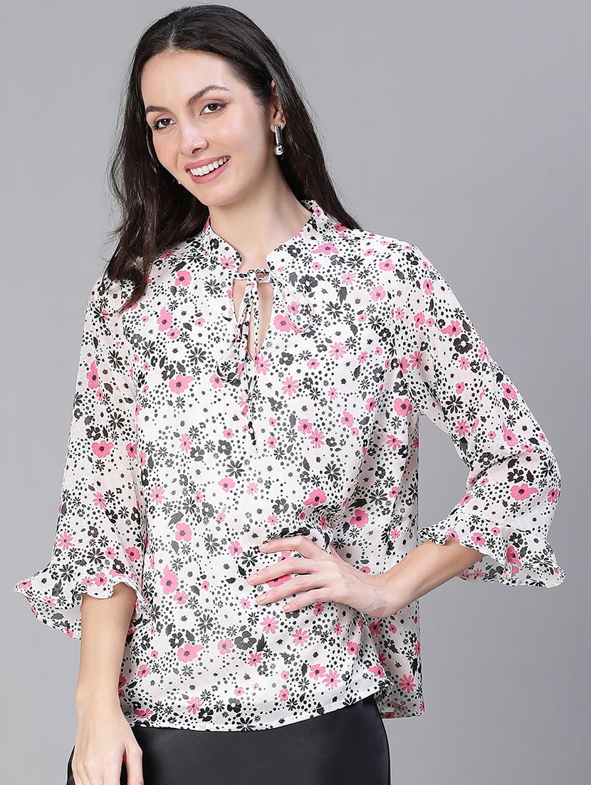 women printed tie up neck regular top - 21584923 -  Standard Image - 1