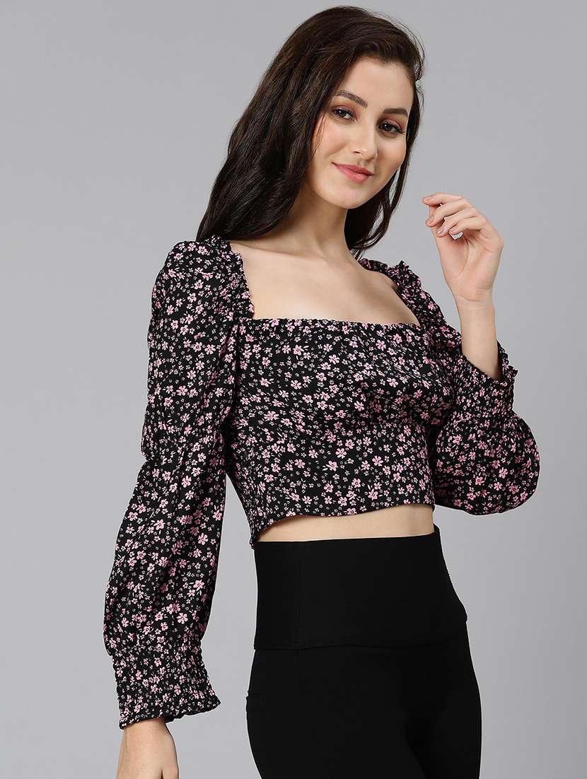women floral printed long sleeves crop top - 21584929 -  Standard Image - 1