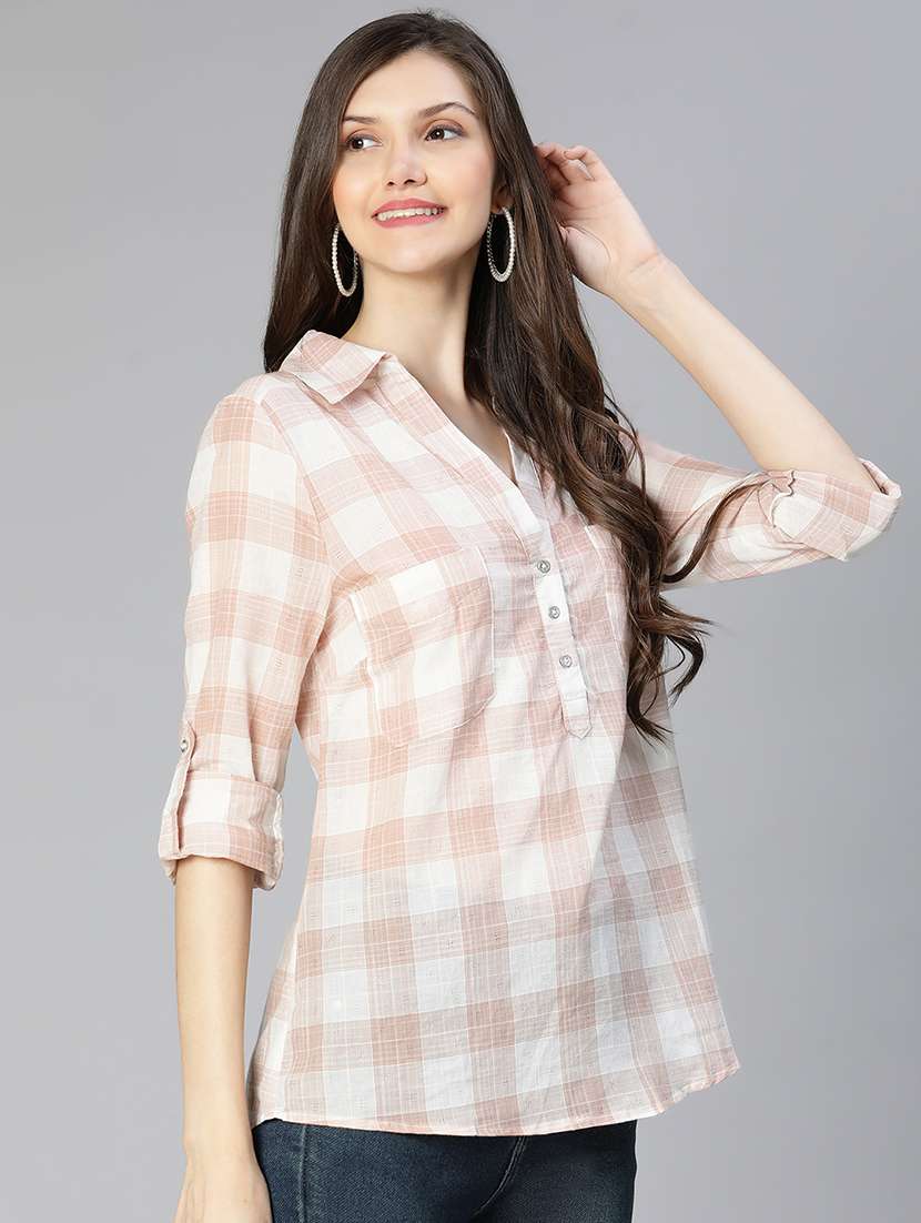 women checked printed collared shirt style top