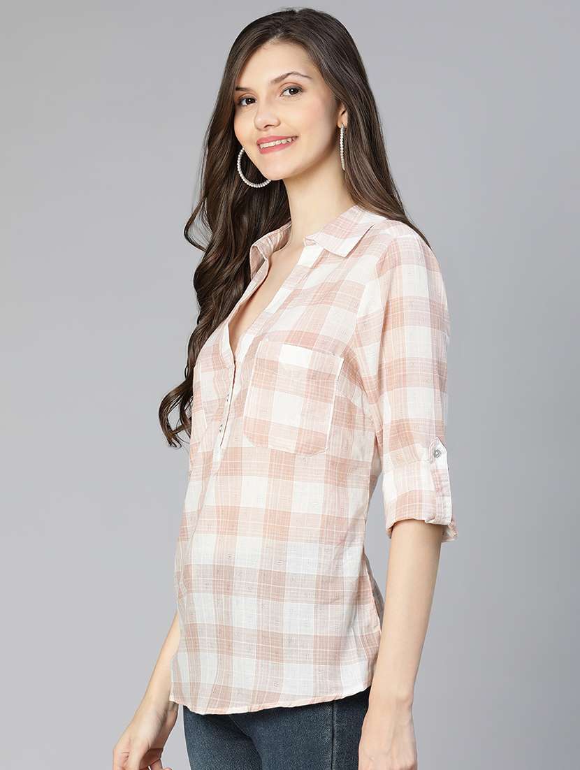 women checked printed collared shirt style top - 21584931 -  Standard Image - 1