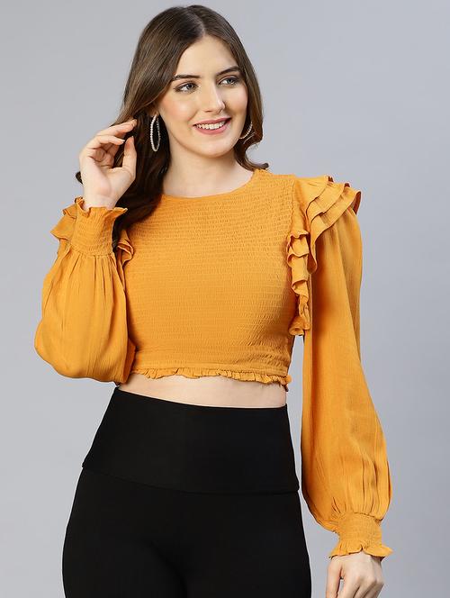 women solid detailed long sleeves crop top - 21584933 - Standard Image - 0