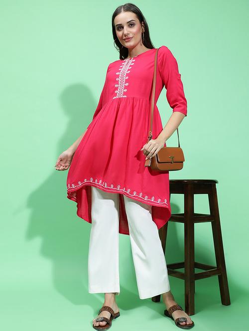 women embroidered three quarter sleeves high low kurta - 21584943 -  Standard Image - 0
