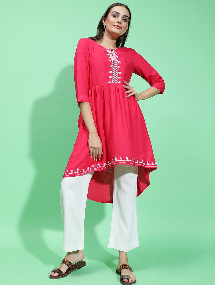women embroidered three quarter sleeves high low kurta - 21584943 -  Standard Image - 1