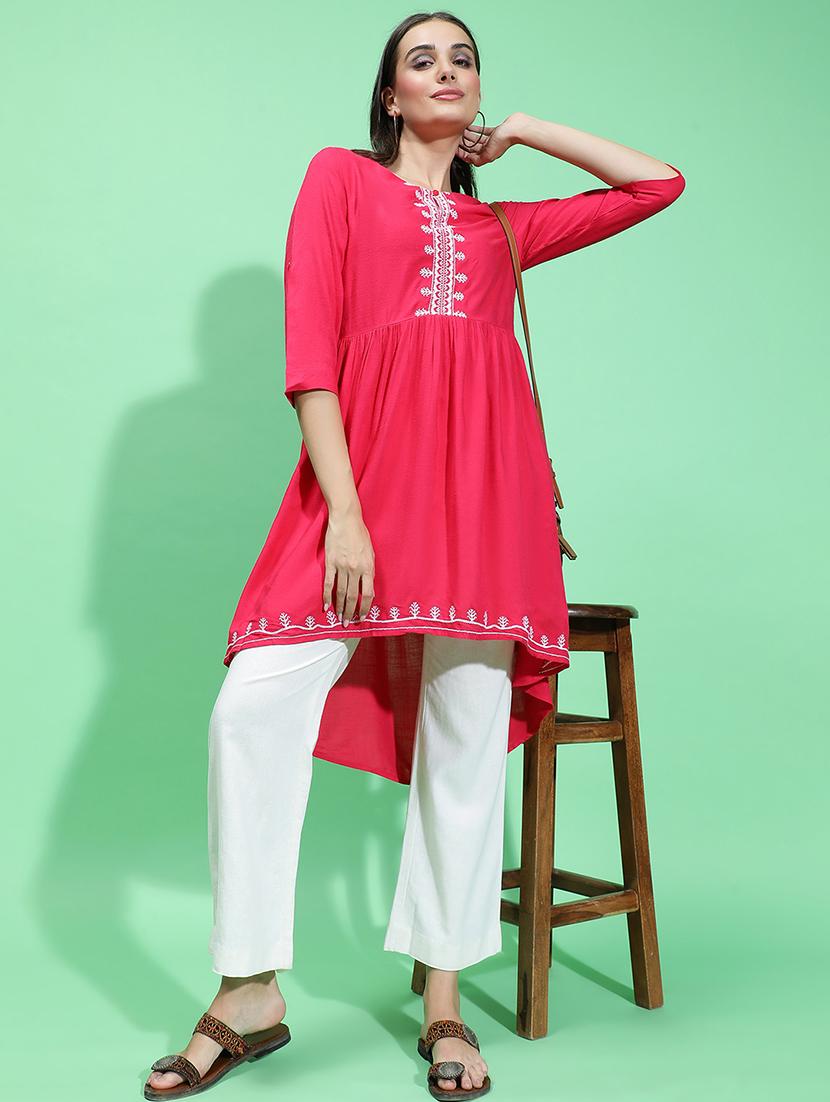 women embroidered three quarter sleeves high low kurta - 21584943 - Standard Image - 4