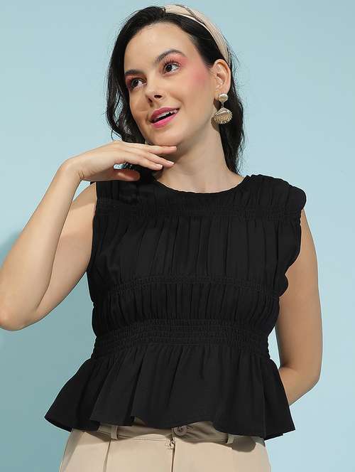 women solid detailed sleeveless peplum top - 21584973 -  Standard Image - 0