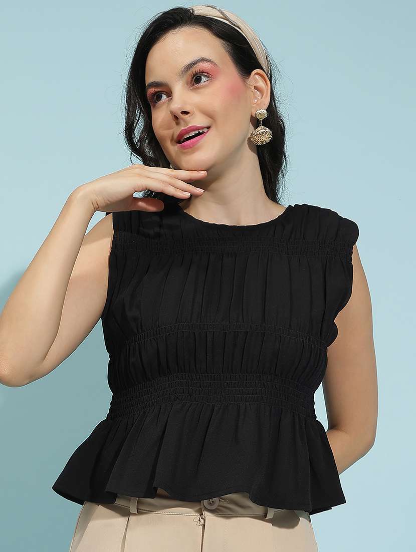 women solid detailed sleeveless peplum top