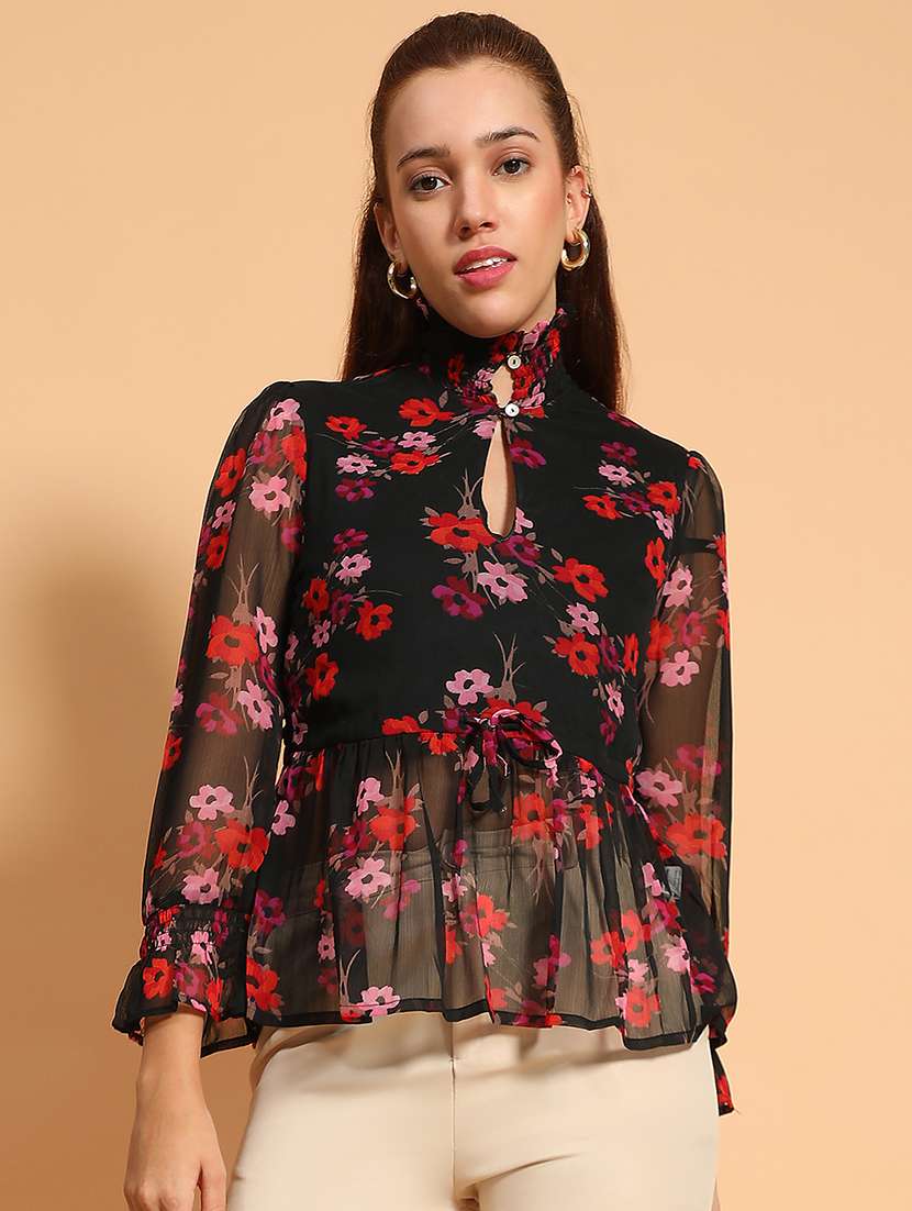 women floral key hole neck peplum top