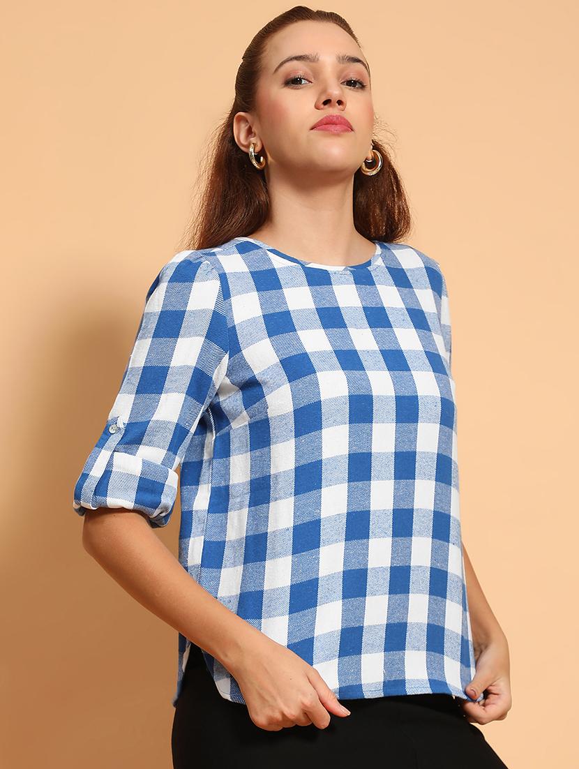 women checked printed round neck top - 21585014 -  Standard Image - 1