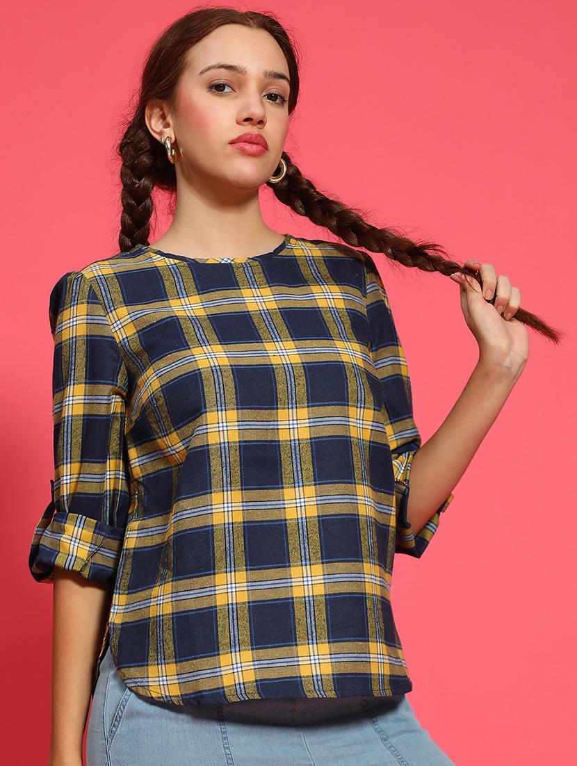 women checked printed round neck top - 21585015 - Standard Image - 1