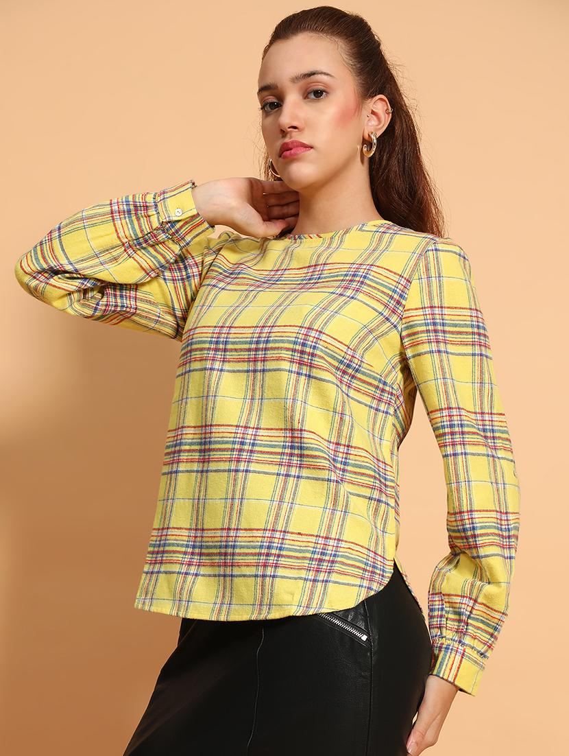 women checked printed round neck top - 21585017 - Standard Image - 1