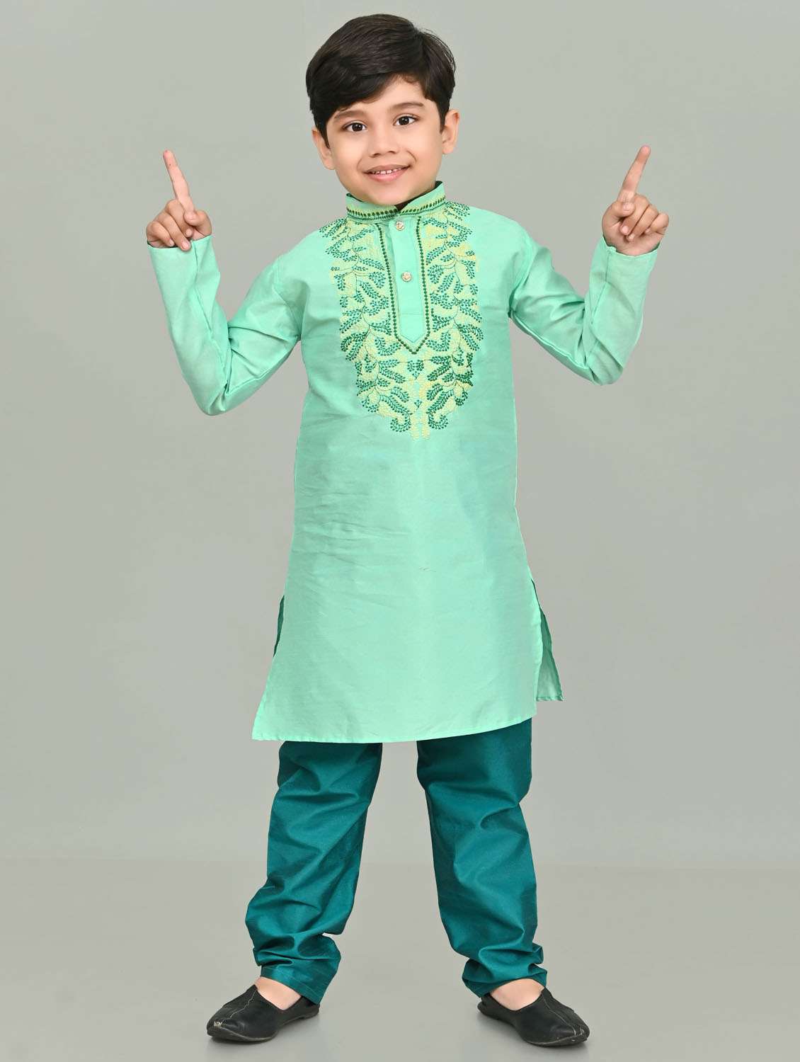 boys embroidered mandarin neck kurta pyjama set