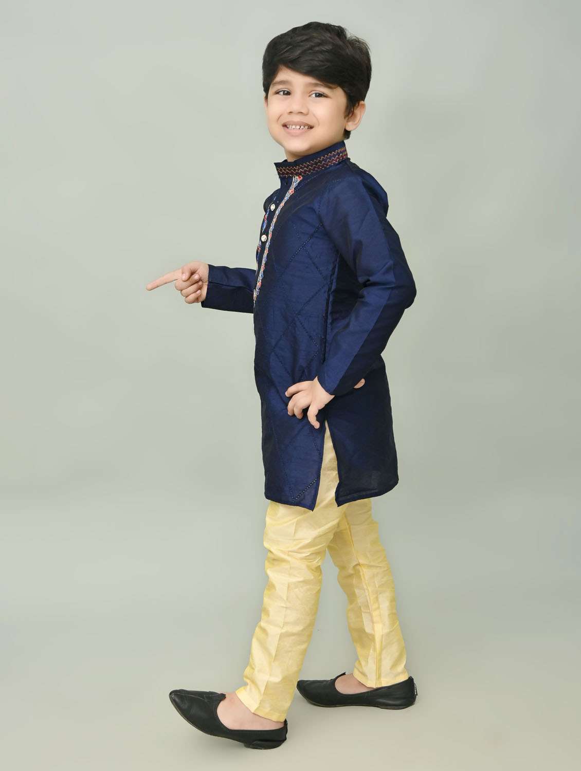 boys embroidered mandarin neck kurta pyjama set - 21585449 -  Standard Image - 1