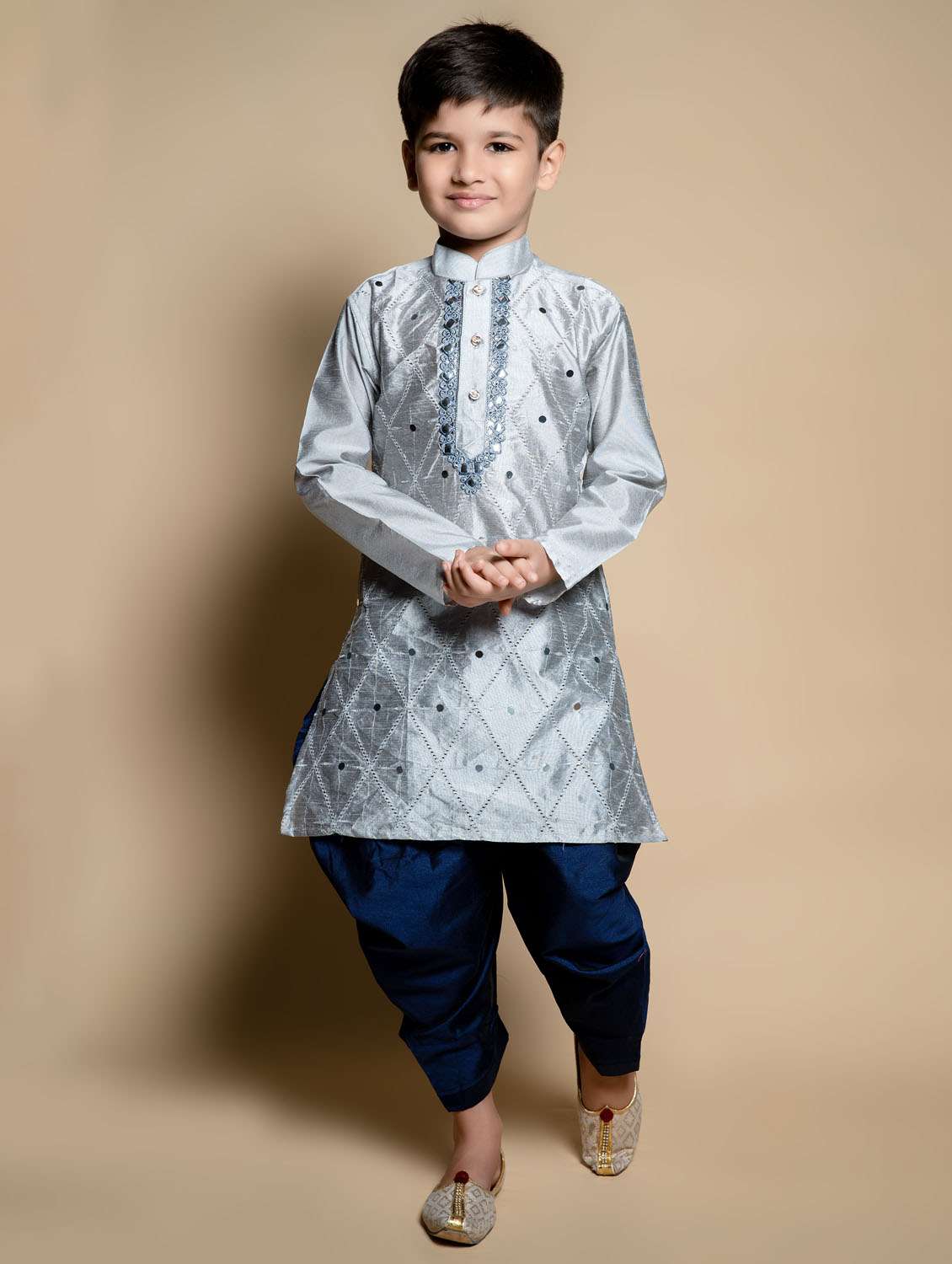 boys mirror work mandarin neck kurta salwar set
