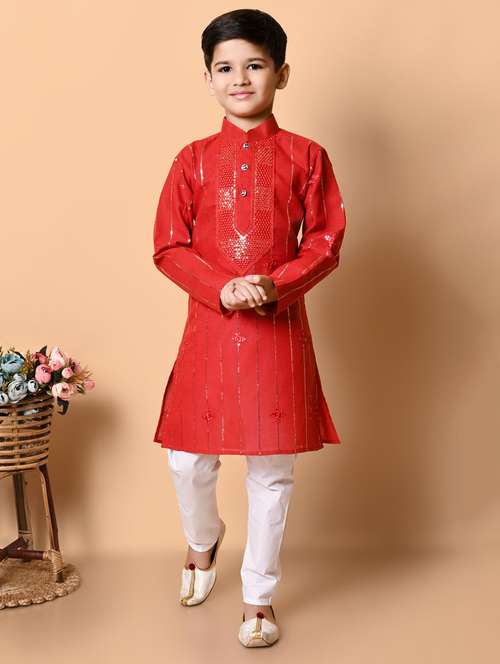 boys embroidered long sleeves kurta set - 21585491 -  Standard Image - 0