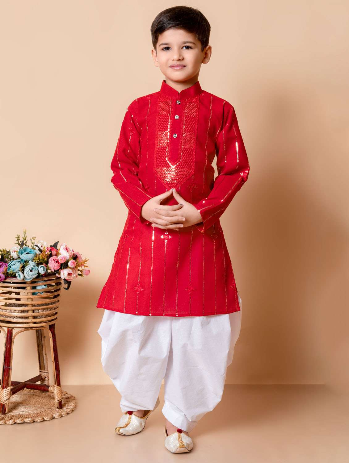 boys embroidered long sleeves dhoti kurta set