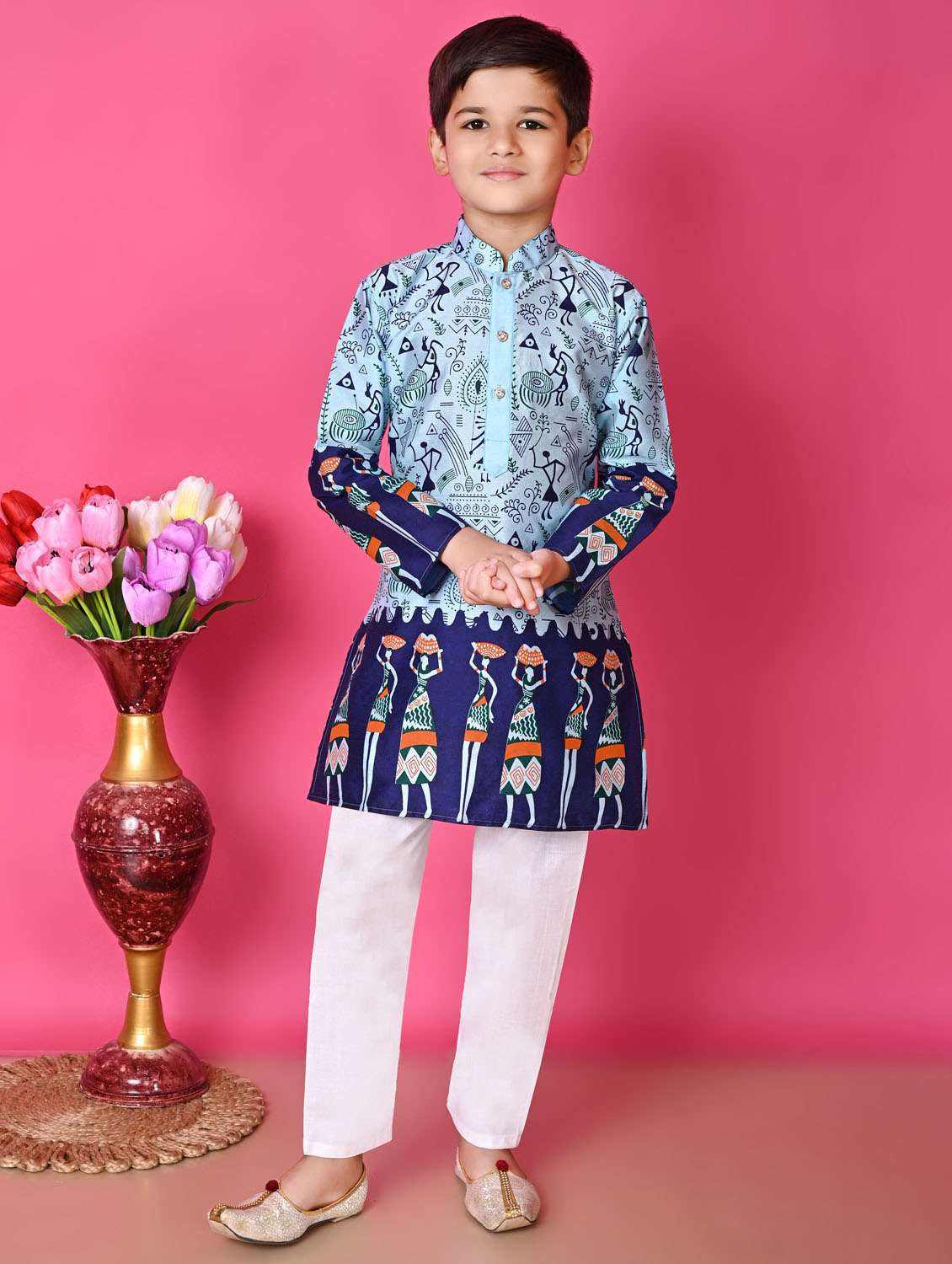 boys printed long sleeves kurta set