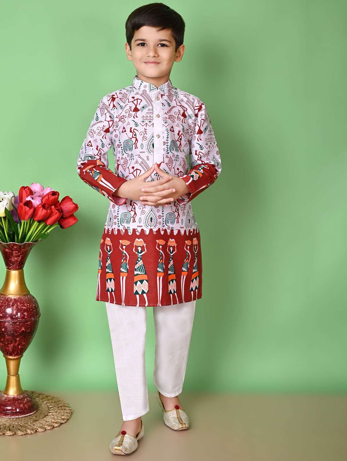 boys printed long sleeves kurta set