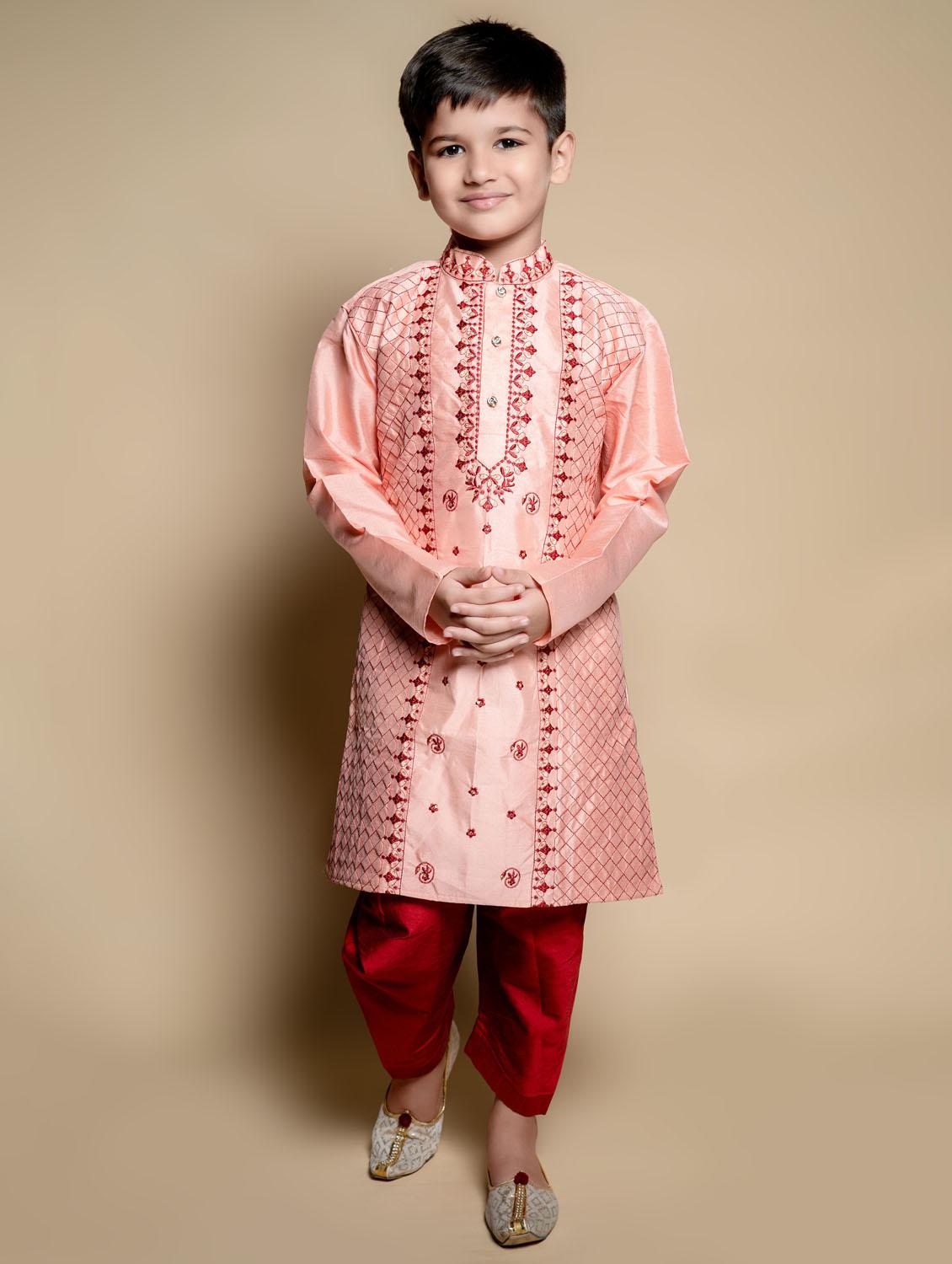 boys embroidered long sleeves dhoti kurta set