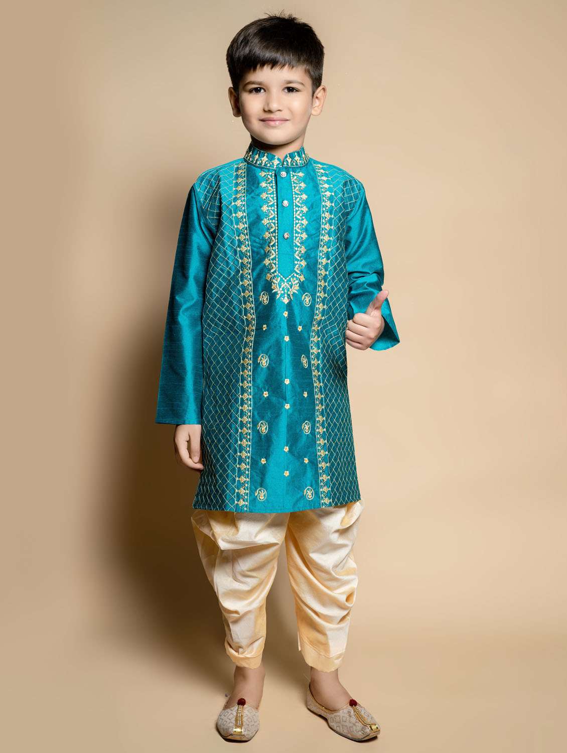 boys embroidered long sleeves dhoti kurta set