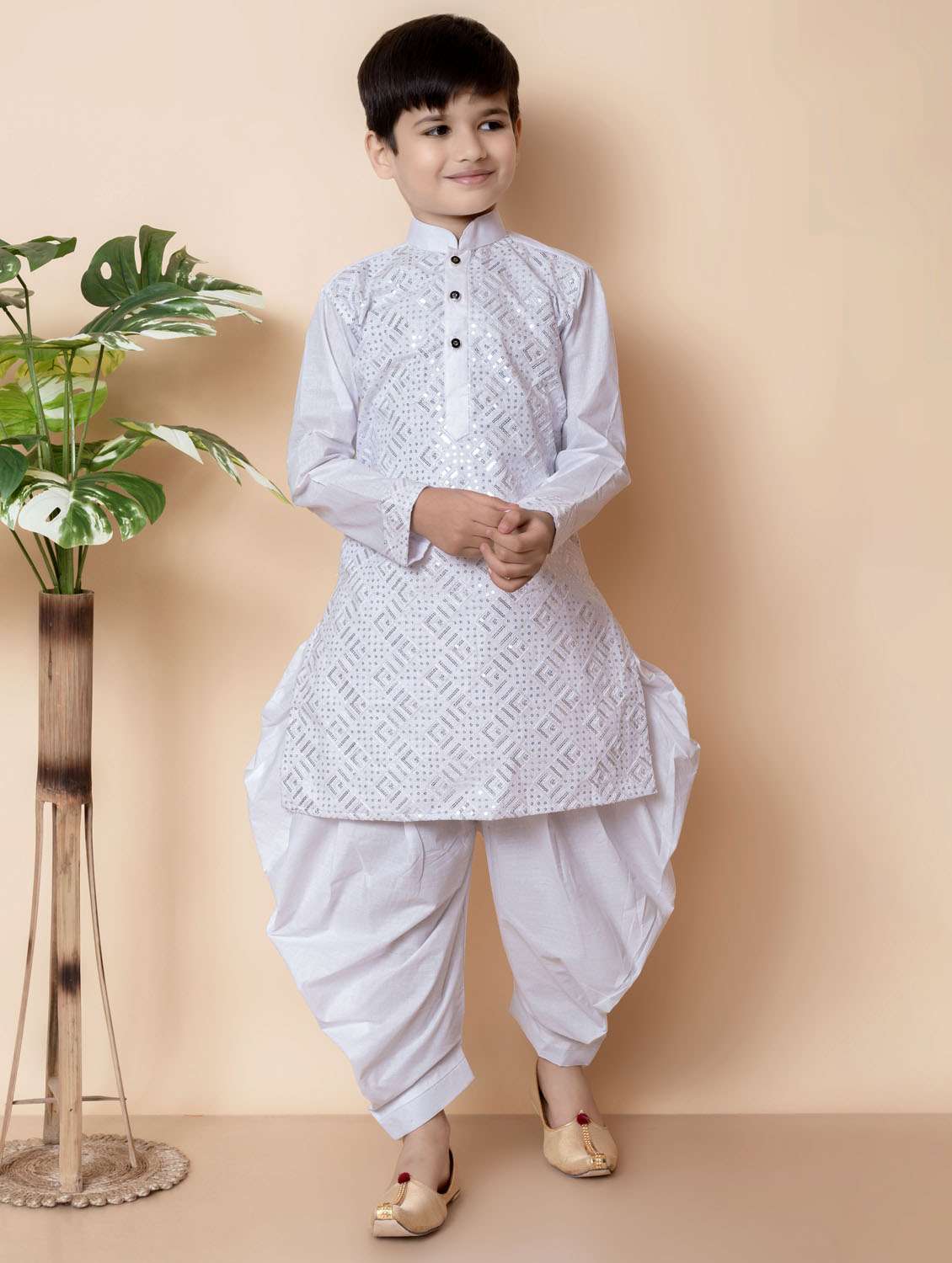 boys embroidered long sleeves dhoti kurta set