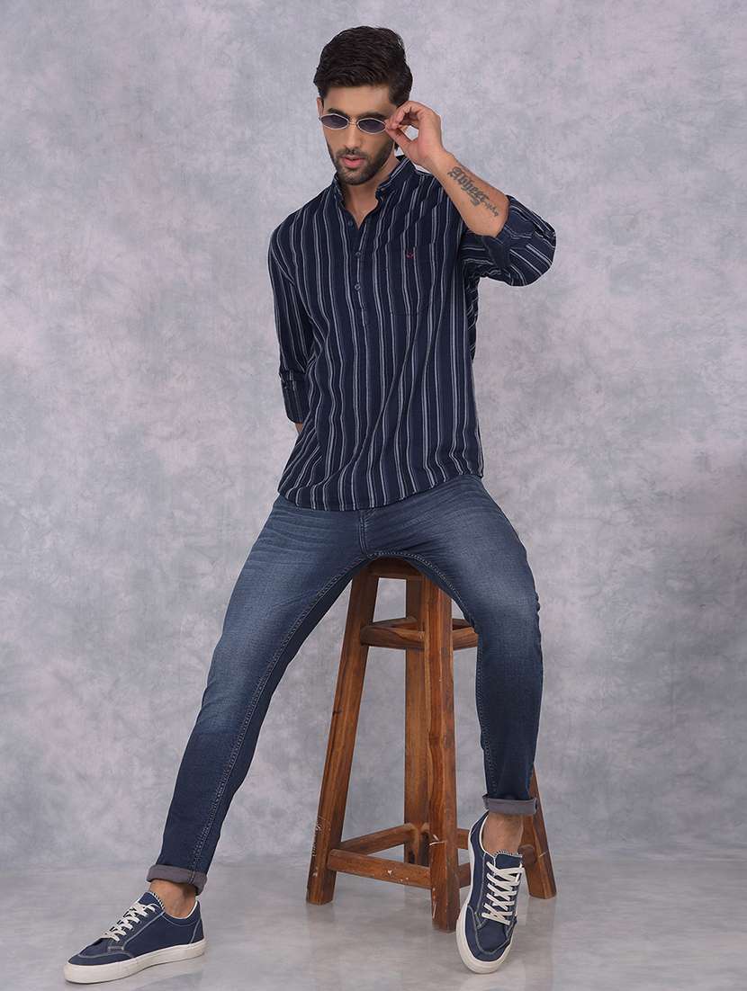 men navy blue stripes short kurtas kurta - 21585584 -  Standard Image - 4