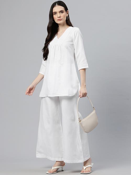 women solid three quarter sleeves top & palazzo co-ord set - 21586273 - Standard Image - 0