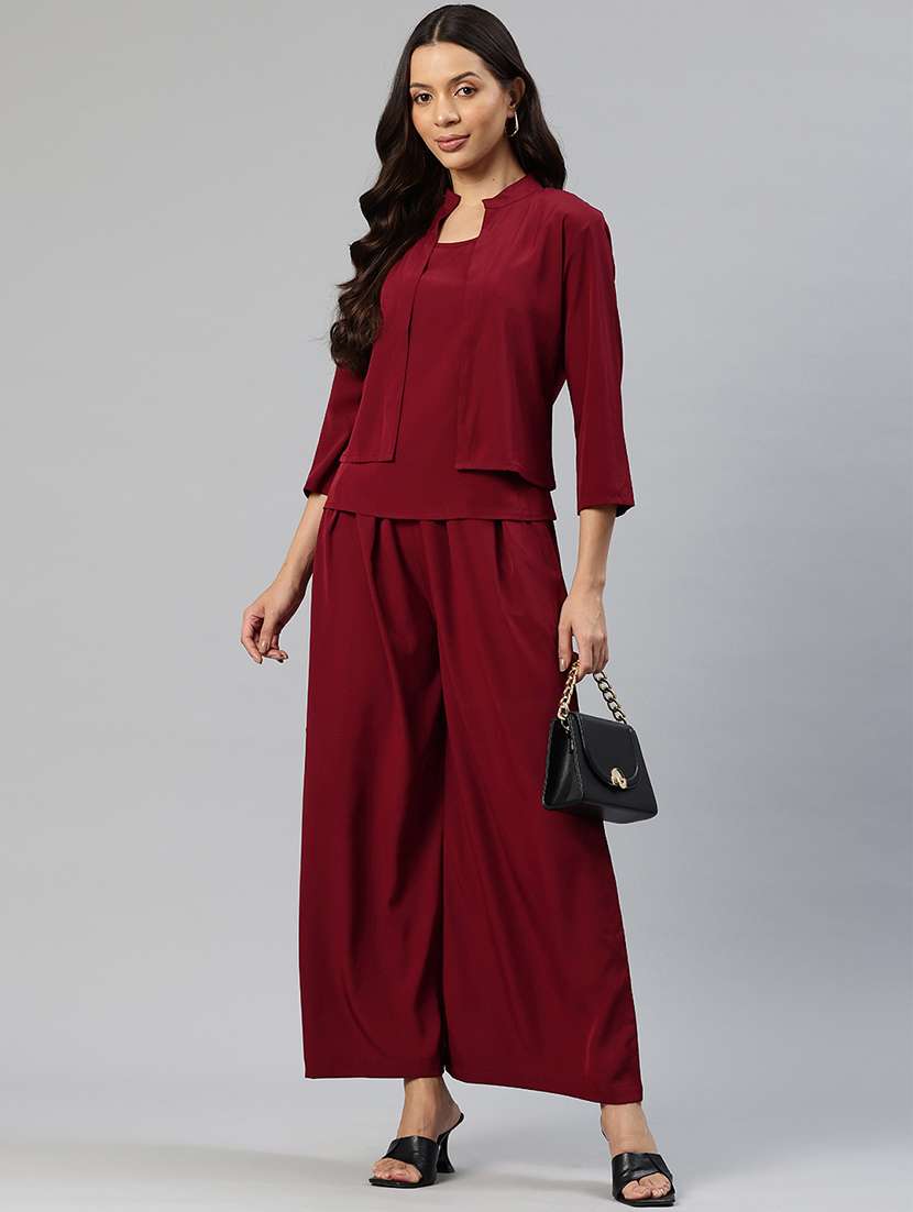 women solid top and trouser with jacket set